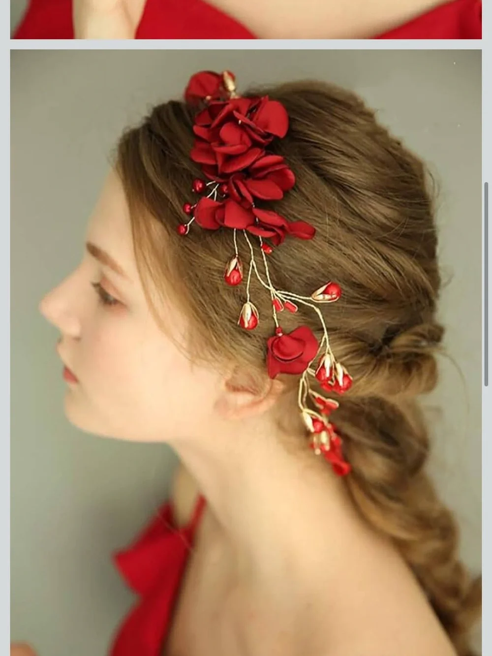 Amazon Red Floral Hair Vine with Gold Accents